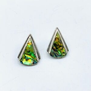 Vintage Alpaca Abalone Earrings – Geometric Silver-Tone Triangle Design